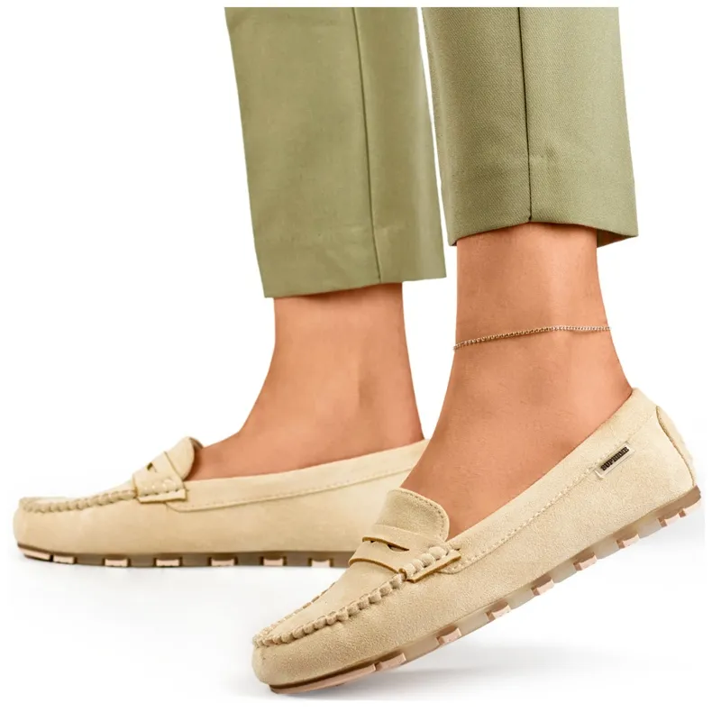 Women's beige suede moccasins, comfortable moccasins