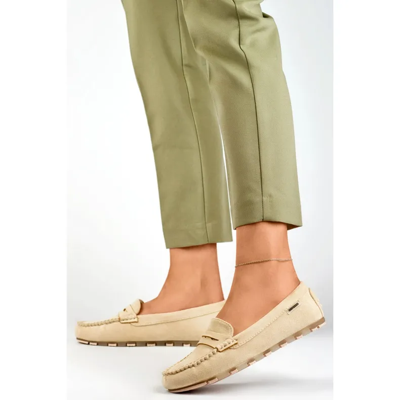 Women's beige suede moccasins, comfortable moccasins