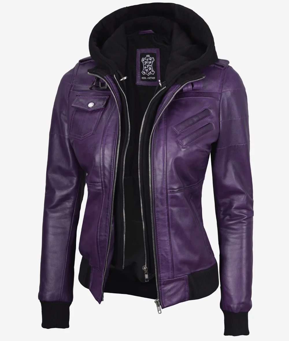 Womens Purple Bomber Leather Jacket with Removeable Hood