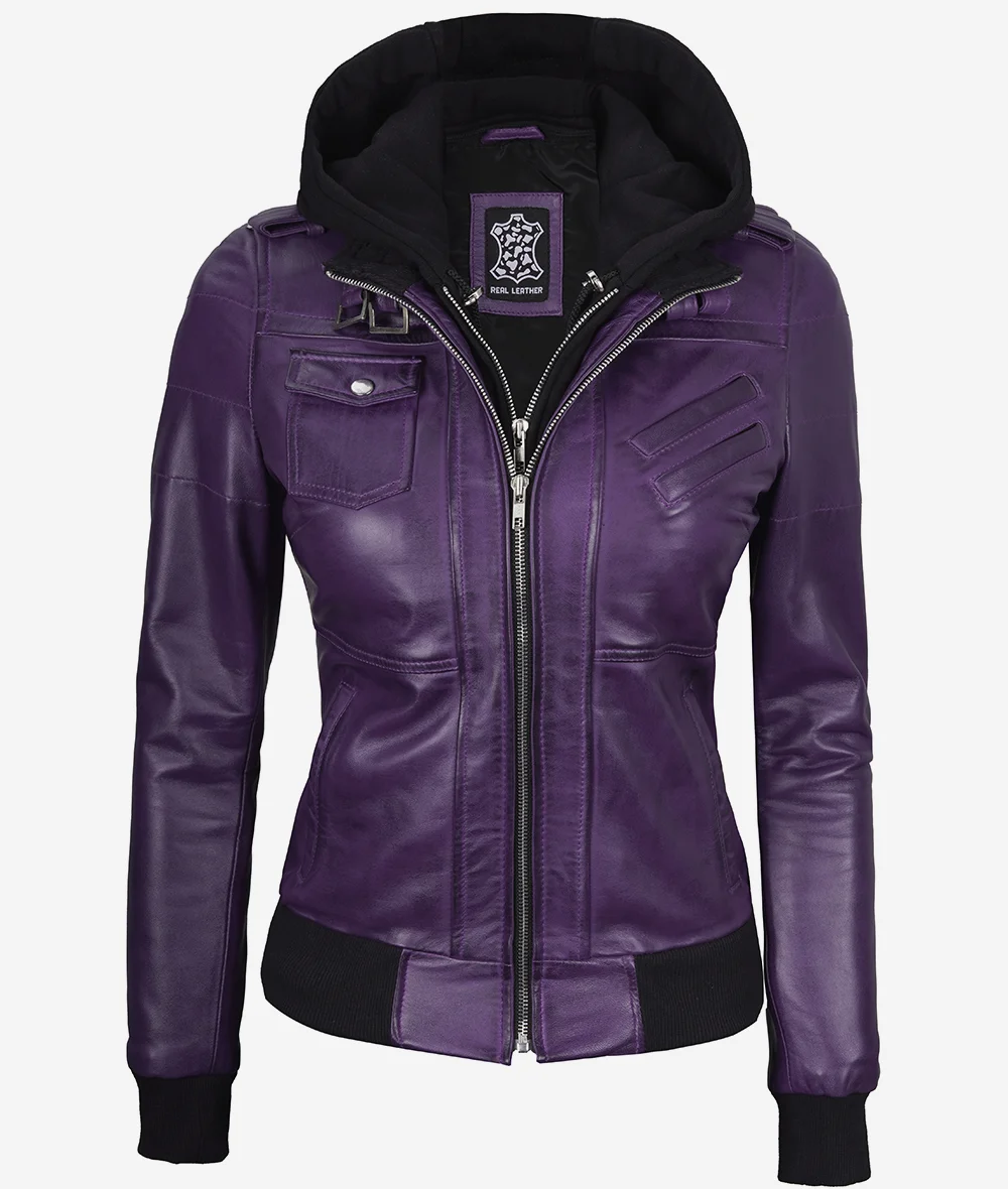 Womens Purple Bomber Leather Jacket with Removeable Hood