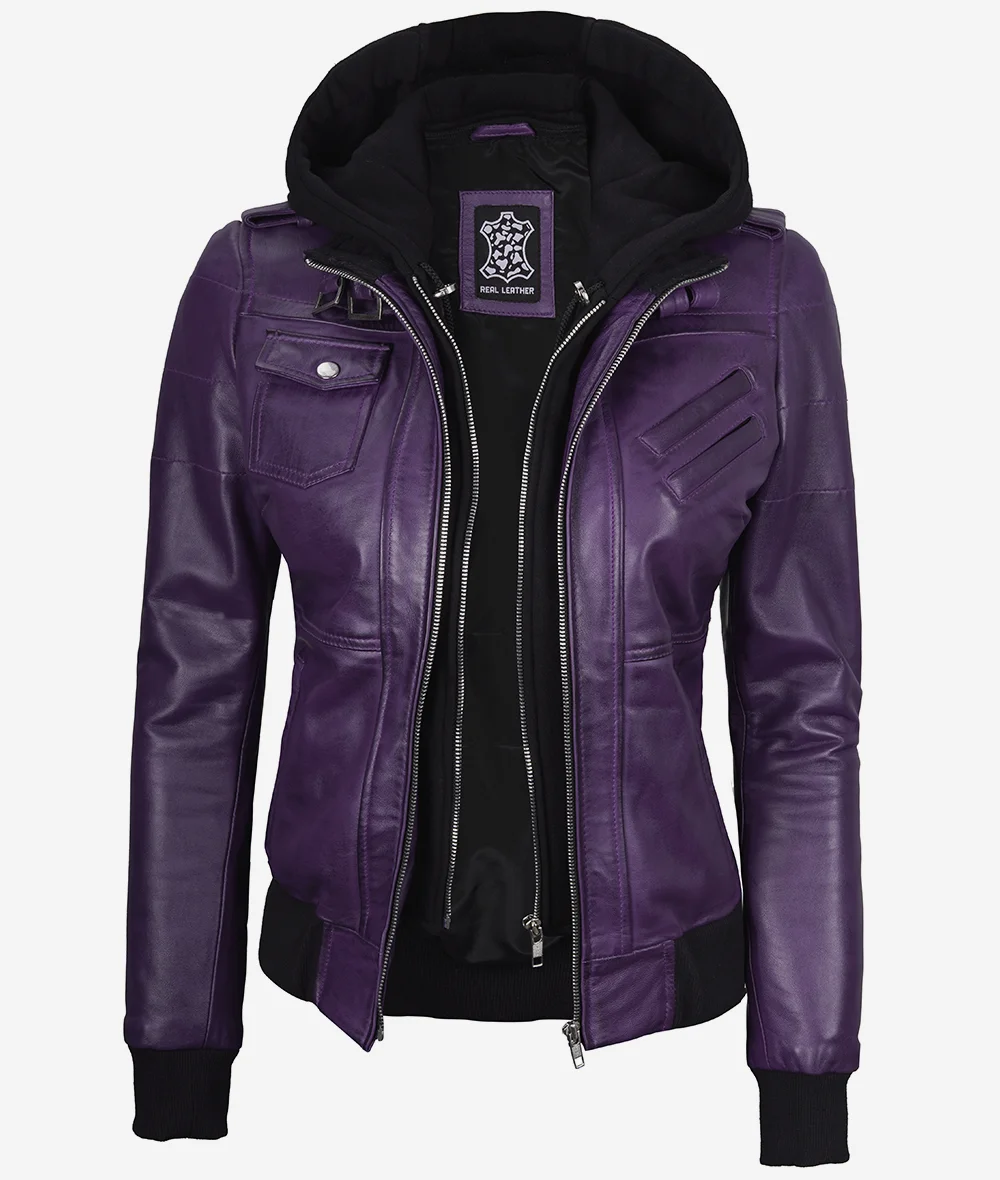 Womens Purple Bomber Leather Jacket with Removeable Hood