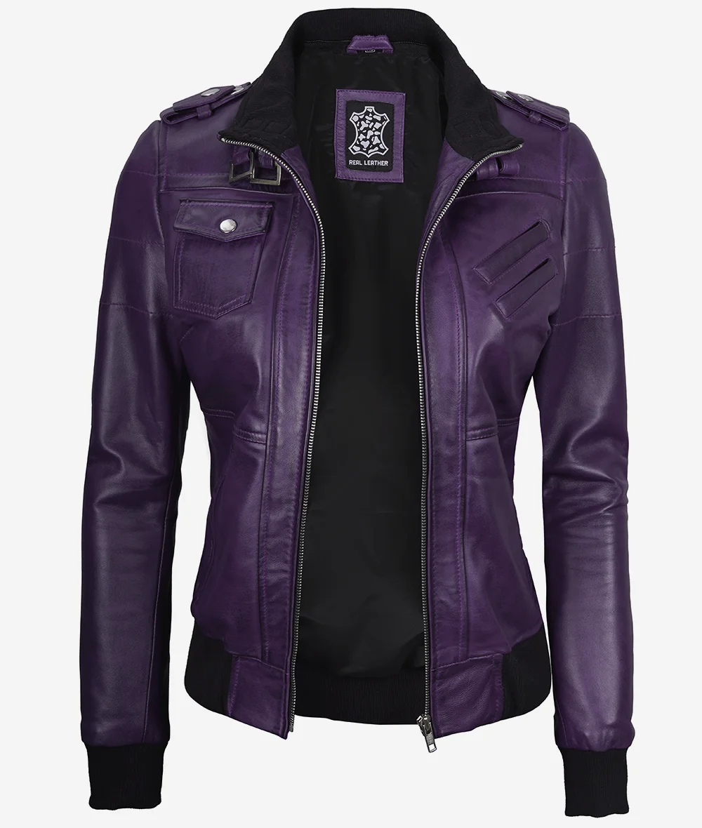 Womens Purple Bomber Leather Jacket with Removeable Hood