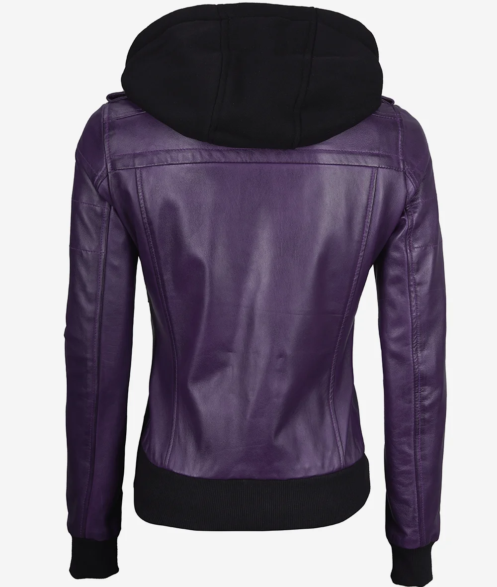 Womens Purple Bomber Leather Jacket with Removeable Hood