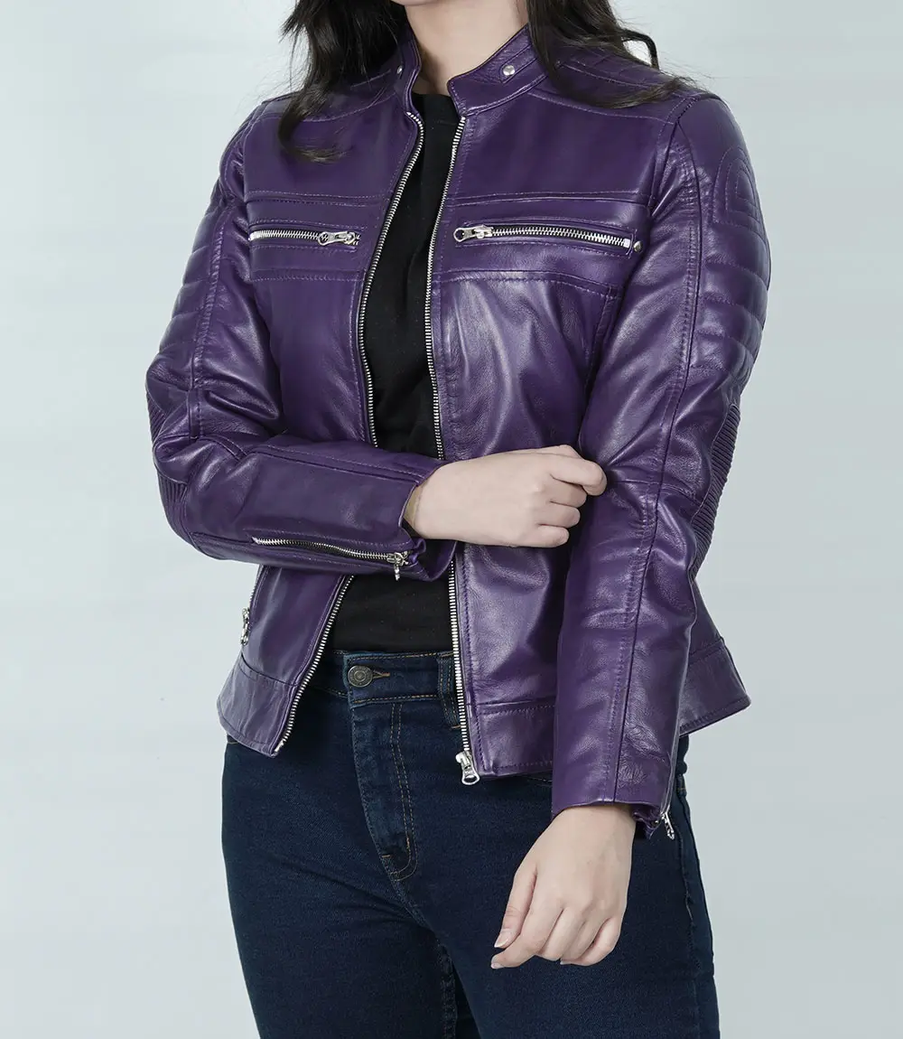 Womens Real Leather Purple Cafe Racer Jacket