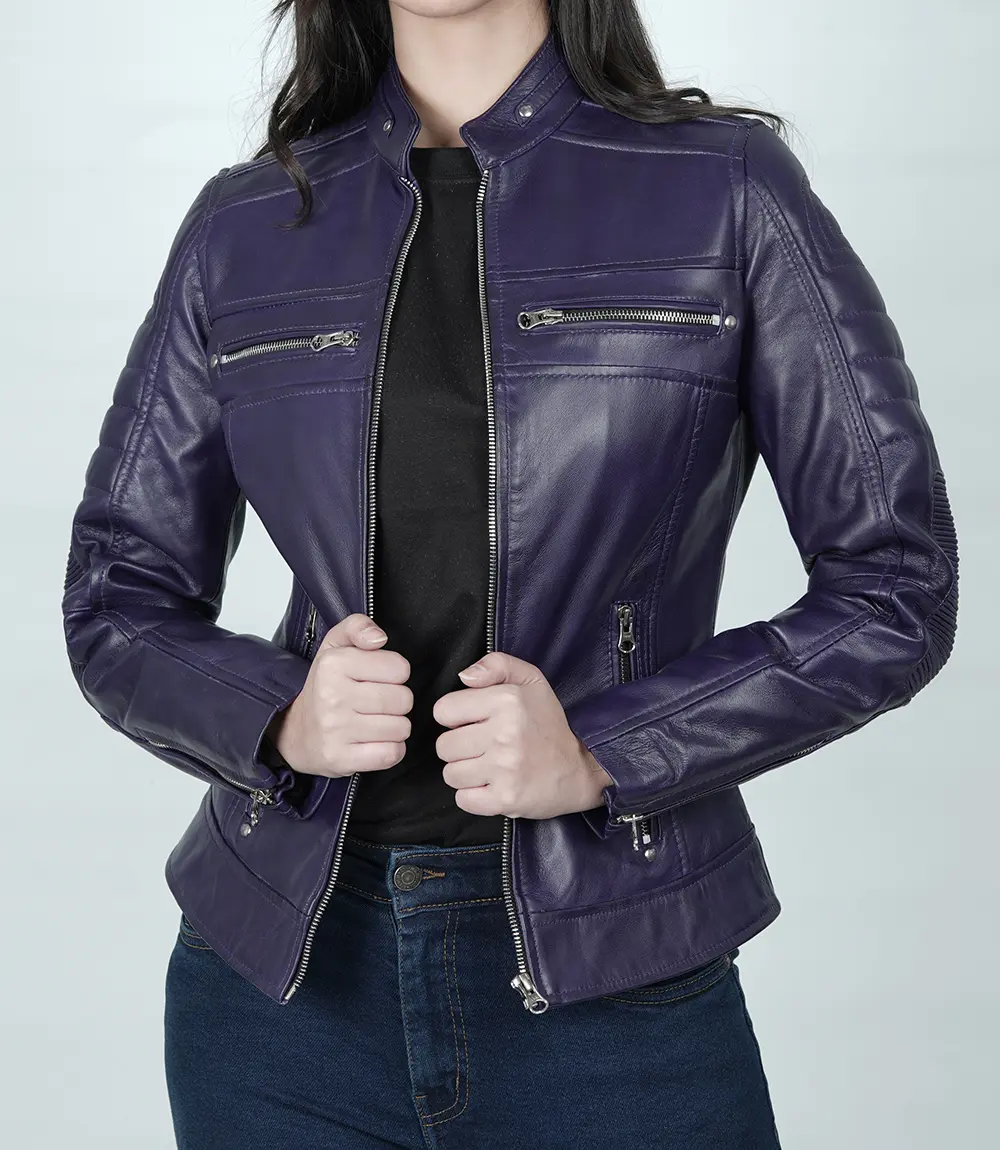 Womens Real Leather Purple Cafe Racer Jacket