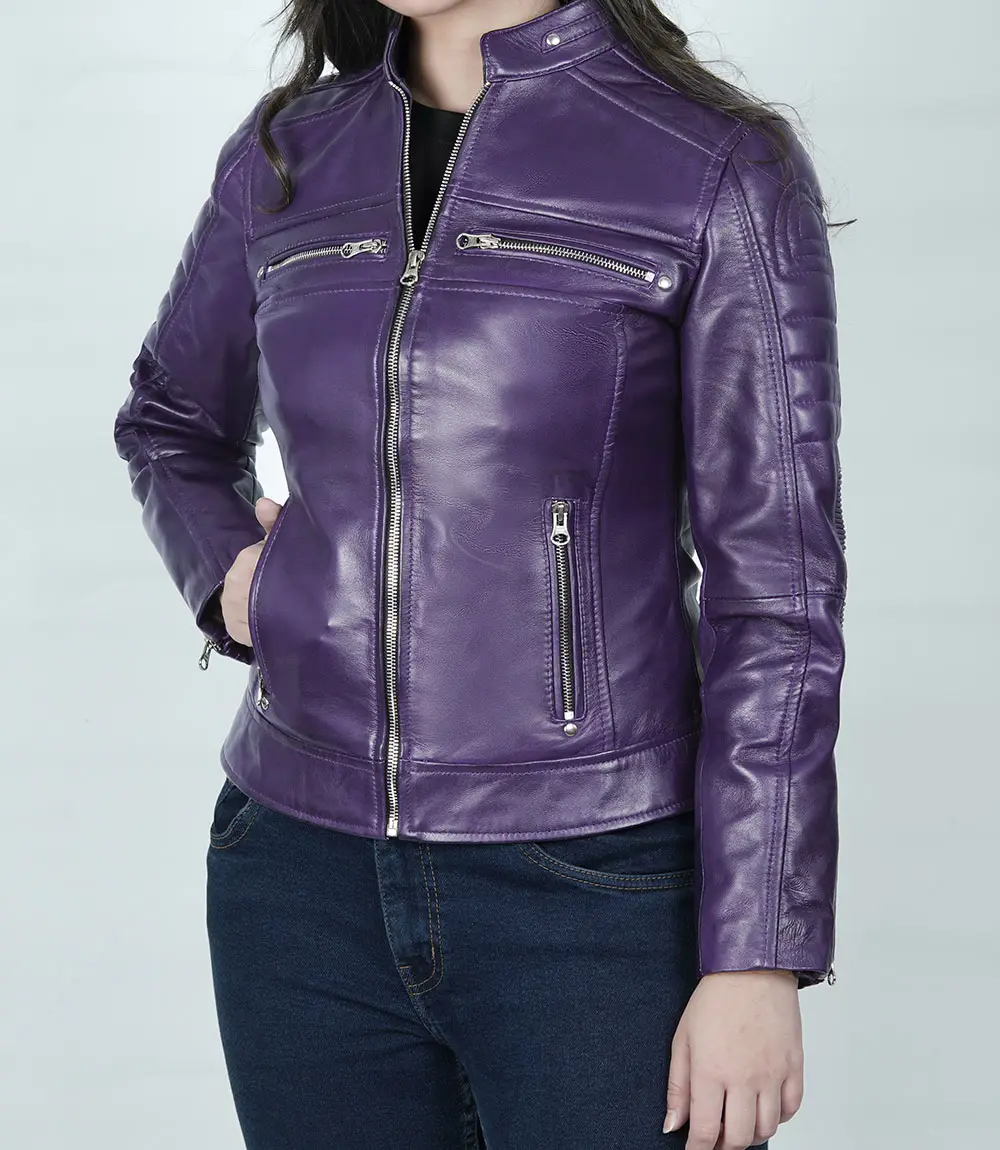 Womens Real Leather Purple Cafe Racer Jacket