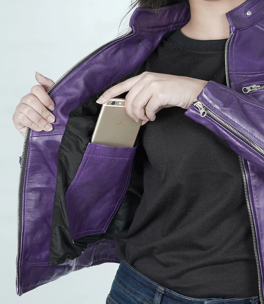 Womens Real Leather Purple Cafe Racer Jacket