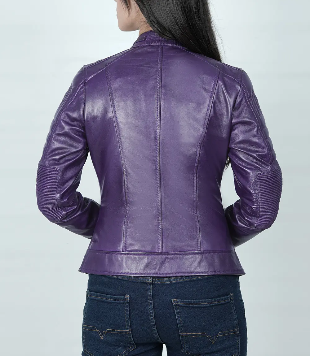 Womens Real Leather Purple Cafe Racer Jacket