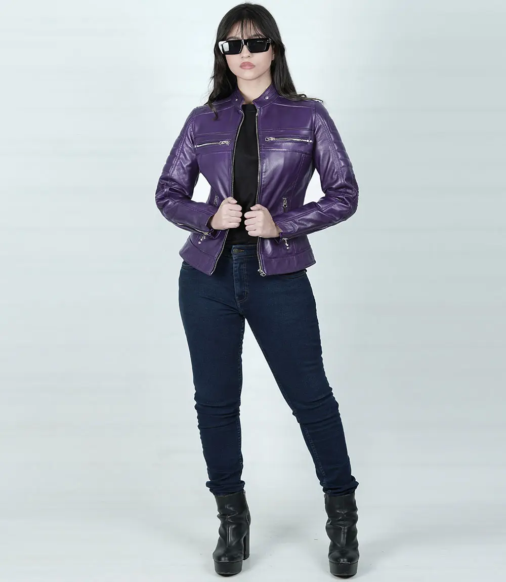 Womens Real Leather Purple Cafe Racer Jacket